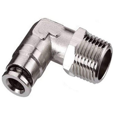 1/4" NYLON AIR LINE X 3/8" N.P.T. PUSH-IN 90* MALE SWIVEL ELBOW NICKLE PLATED BRASS FITTING